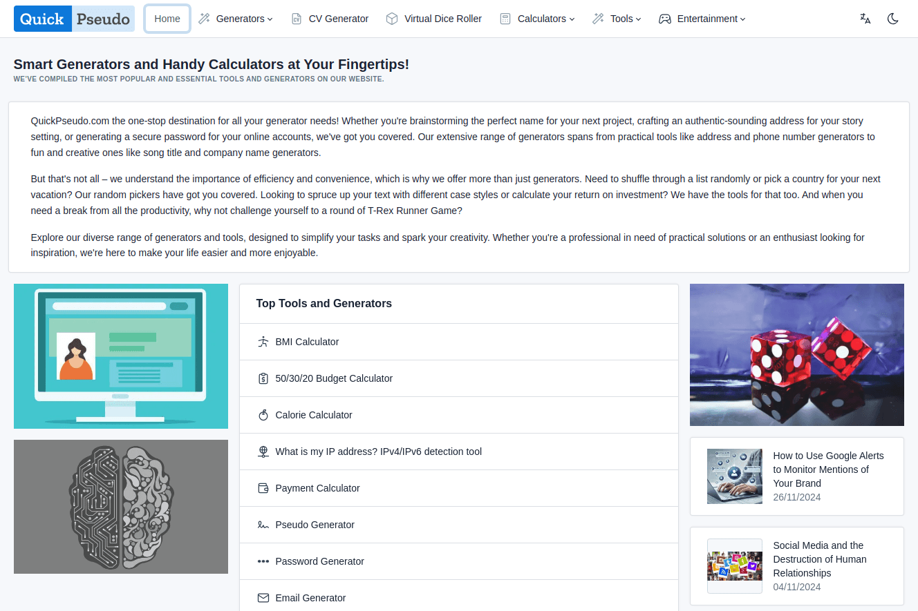 QuickPseudo.com Website - Collection d'Outils